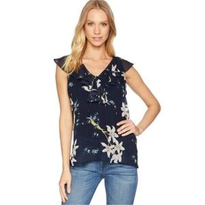PAIGE Silk Ruffle Blouse Rich Navy Blue, Medium, Sketched Orchid Floral Top